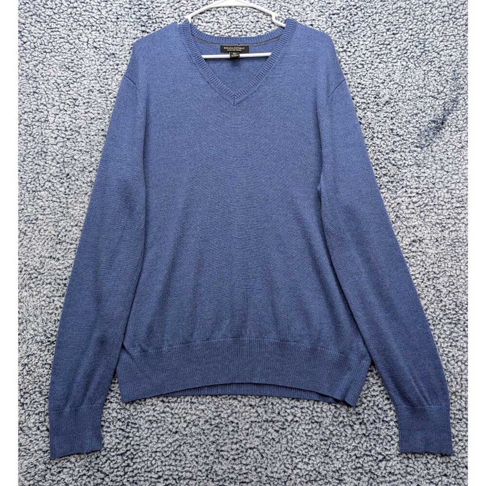 Banana Republic 100% Merino Wool Sweater Mens XL V Neck Pullover Golf Knit Blue